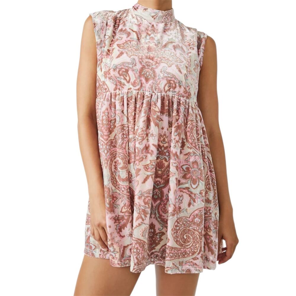 Free People All The Time Velvet Petal Combo Pink Paisley Mock Neck Mini Dress S